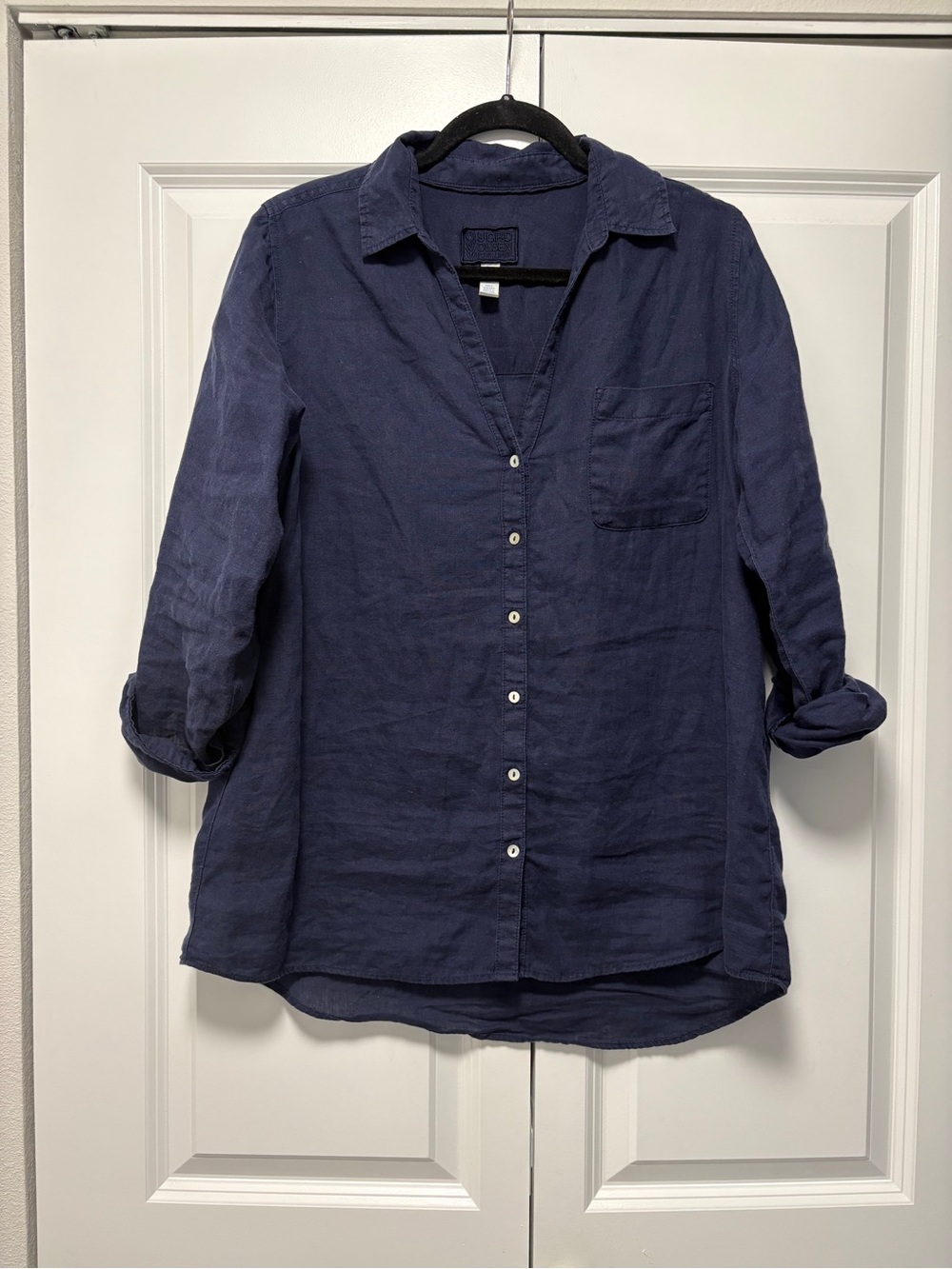 Navy Blue Button-Down Linen Shirt - Classic V-Neck